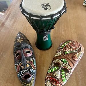 Toca Green Djembe Drum with Decorative Masks